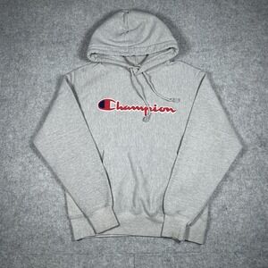 Vintage Champion Pullover Hoodie Men's Size Medium Grey Spell Reverse Weeve 90s